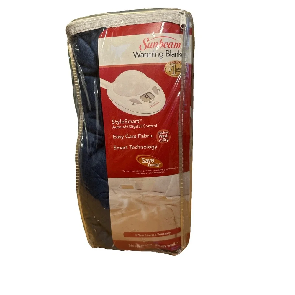 New Sunbeam 2004 Navy Blue‎ Heated Warming Blanket 10 Heat Settings Full 72 x 83